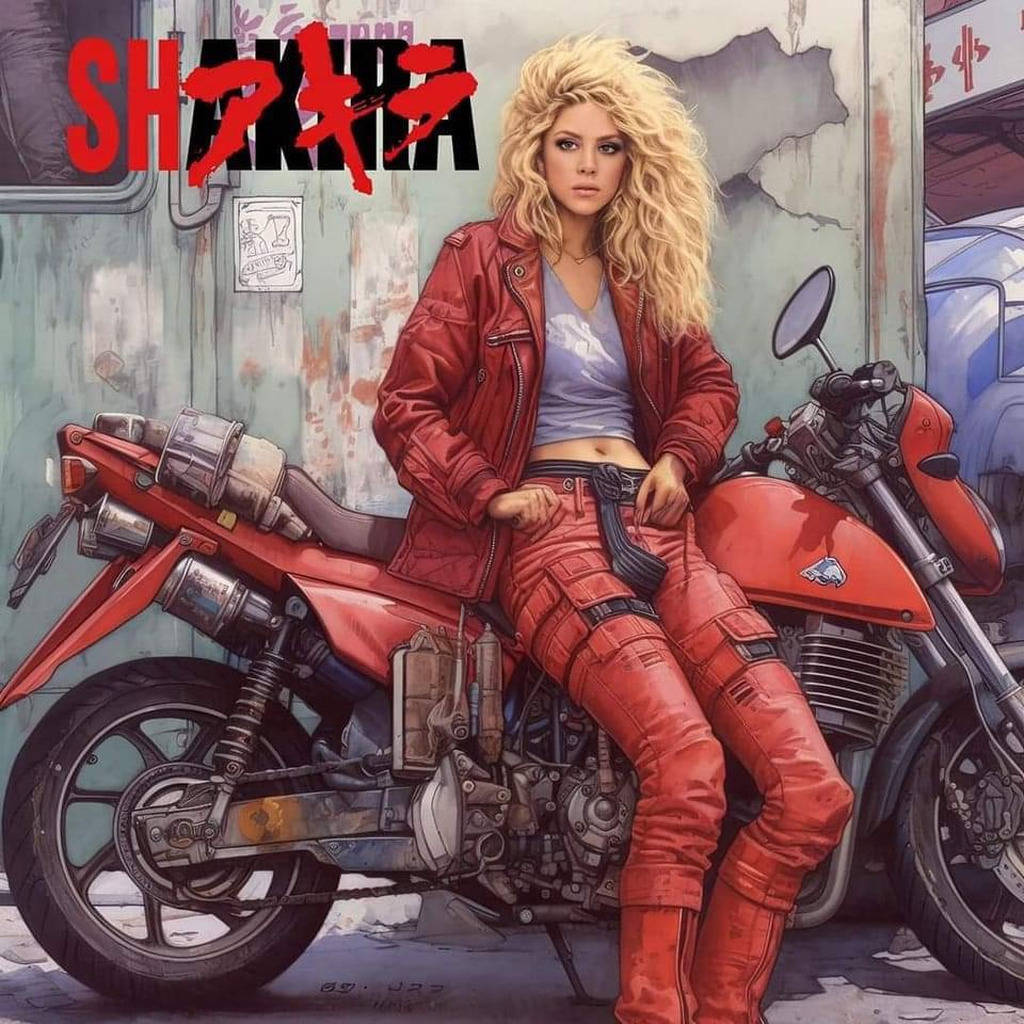 AI caption: a woman in red jeans is sitting on a motorcycle, comic book