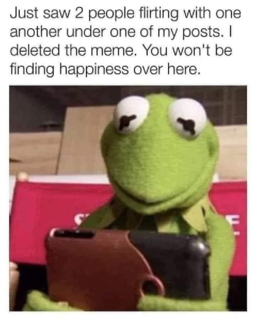 AI caption: a frog holding a tablet with a meme saying just saw people flirting with one another under one of my posts deleted the meme you won't be here meme, meme