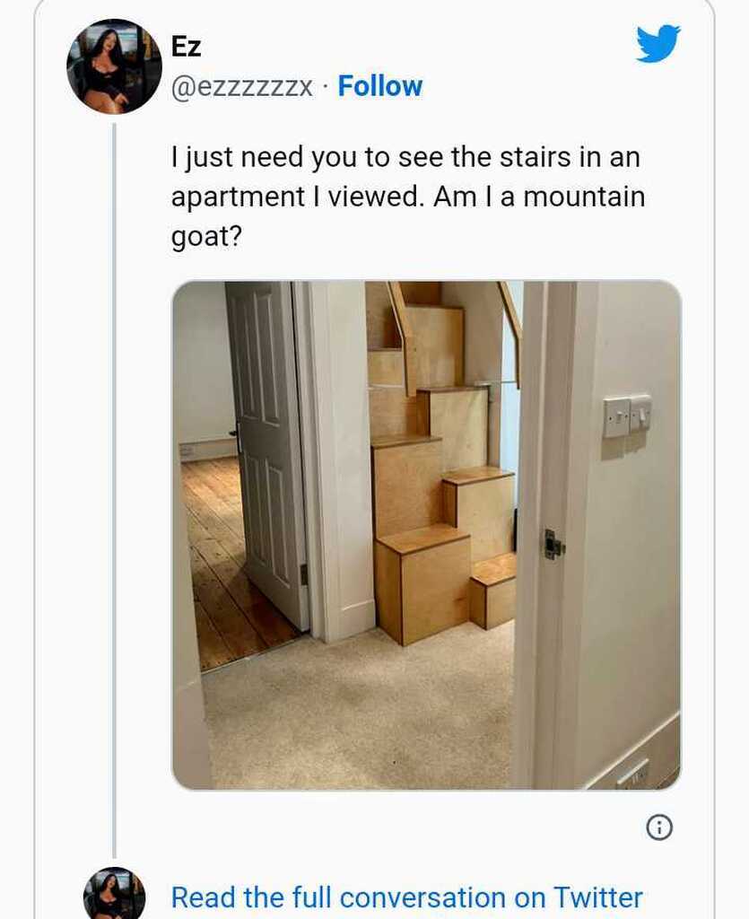 AI caption: a person is talking about stairs in an apartment, a tweet