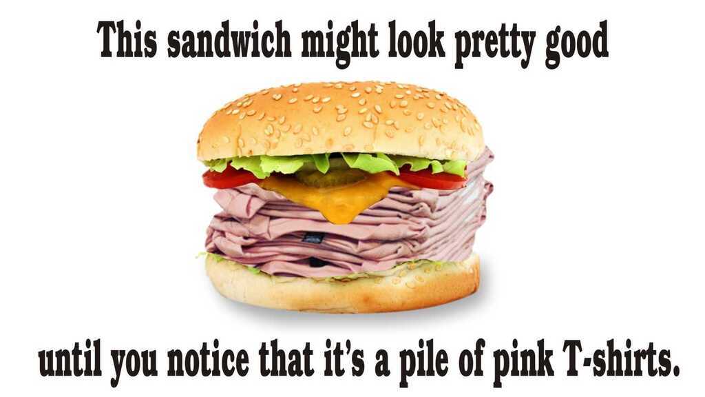 AI caption: this sandwich might be pretty good until you notice that it's a pink shirt, cartoon