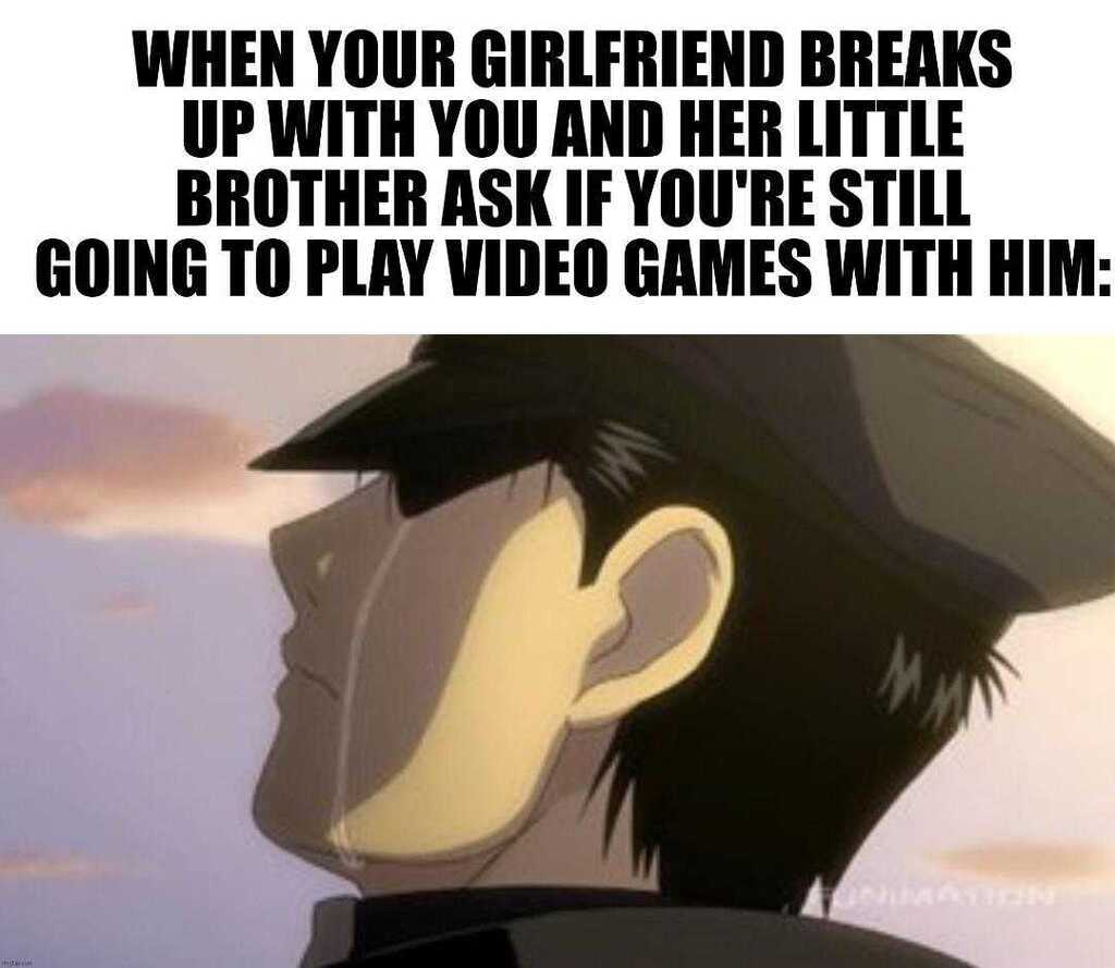 AI caption: a man in a hat with a caption that says when your girlfriend breaks up with you and little brother, you'll still play games with him, anime