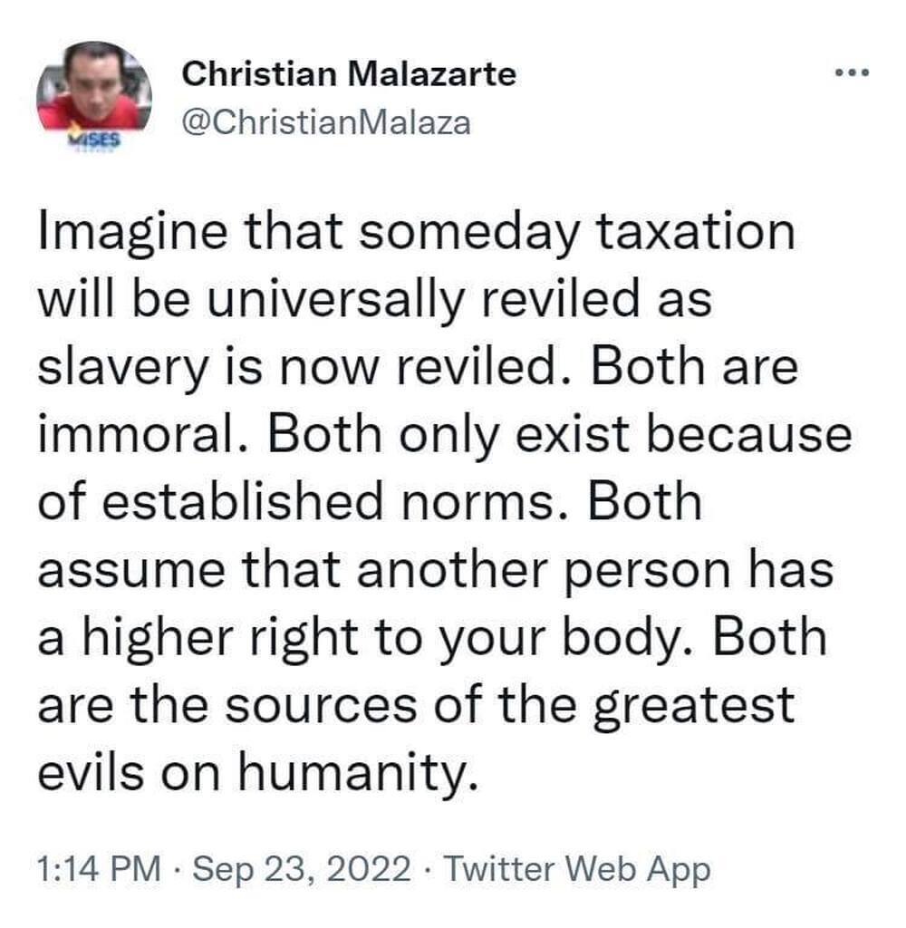 AI caption: christian mazare's twitter account with the message imagine that tomorrow taxation will be slavery, a tweet