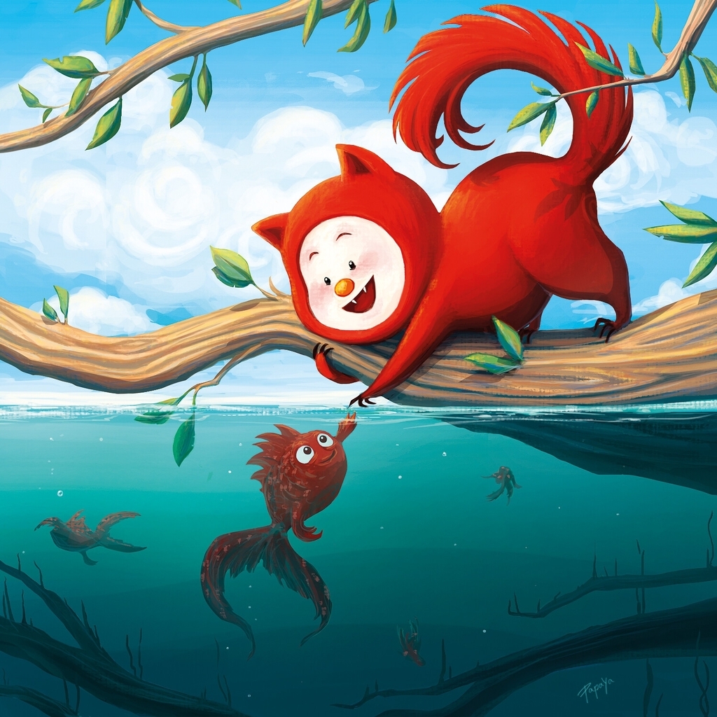 AI caption: a red squirrel is sitting on a branch with a fish, cartoon