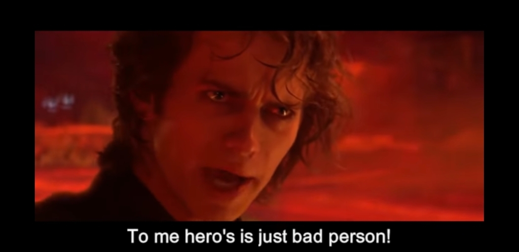 AI caption: disabled person must solve - star wars, comic book the peace is wilting to the dd superior is bad person, the man is wearing a robe and a mask, it is a comic book style a man with a red shirt and a black background, the words to hero is just bad person