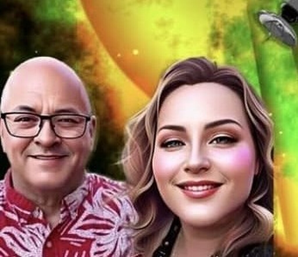 AI caption: a man and woman are posing in front of a colorful background, cartoon