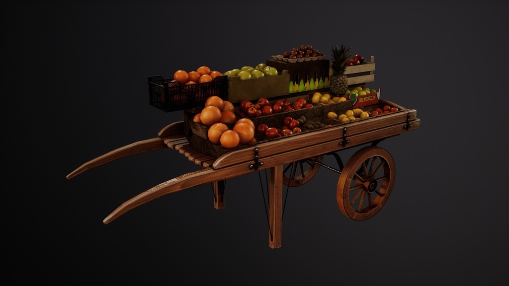 AI caption: a wooden cart with fruit on it, 3d