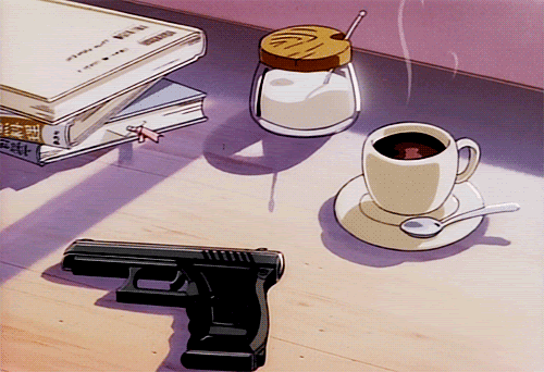AI caption: a gun and coffee on a table, anime