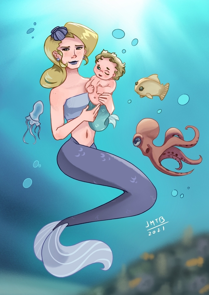 AI caption: a mermaid holding a baby and octopus, cartoon