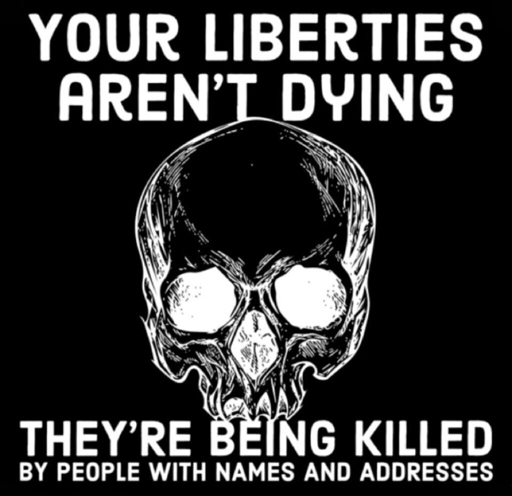 AI caption: your liberties aren't dying they're being killed by names and addresses, black and white