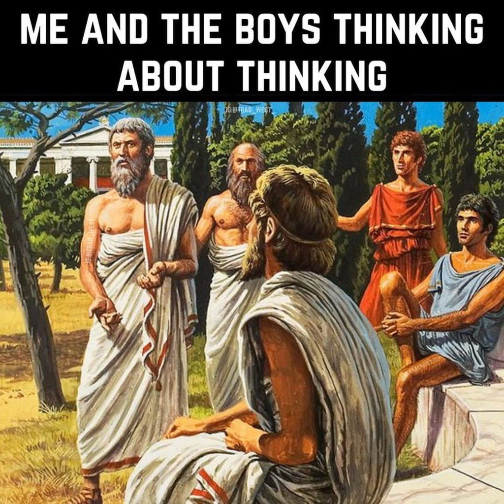 AI caption: me and the boys thinking about thinking, a comic book