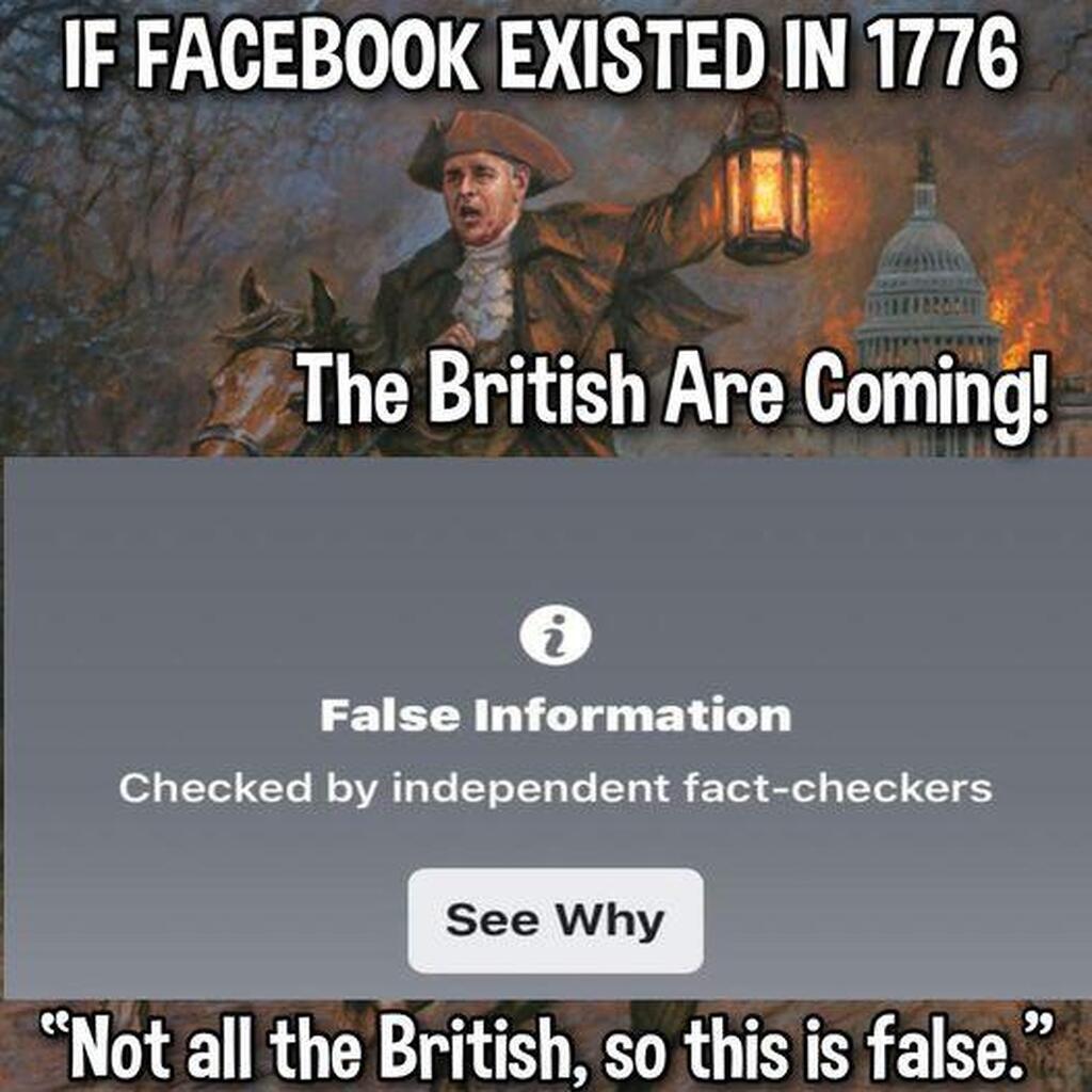 AI caption: a fake facebook page with the text if facebook existed in 1777 the british are coming, a comic