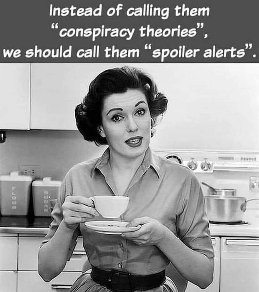 AI caption: a woman is holding a cup of coffee and saying, instead of calling them conspiracy theories, we should call them spoiler alerts, cartoon