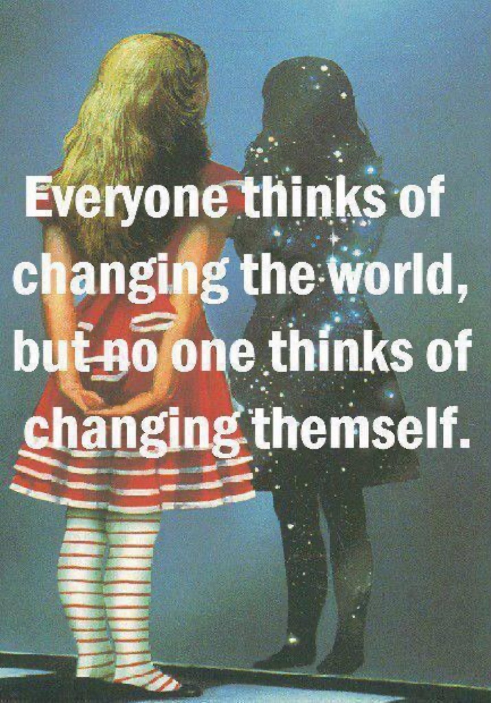 AI caption: two girls standing in front of a mirror with the words everyone thinks of changing the world, but no one thinks of changing themselves, poster