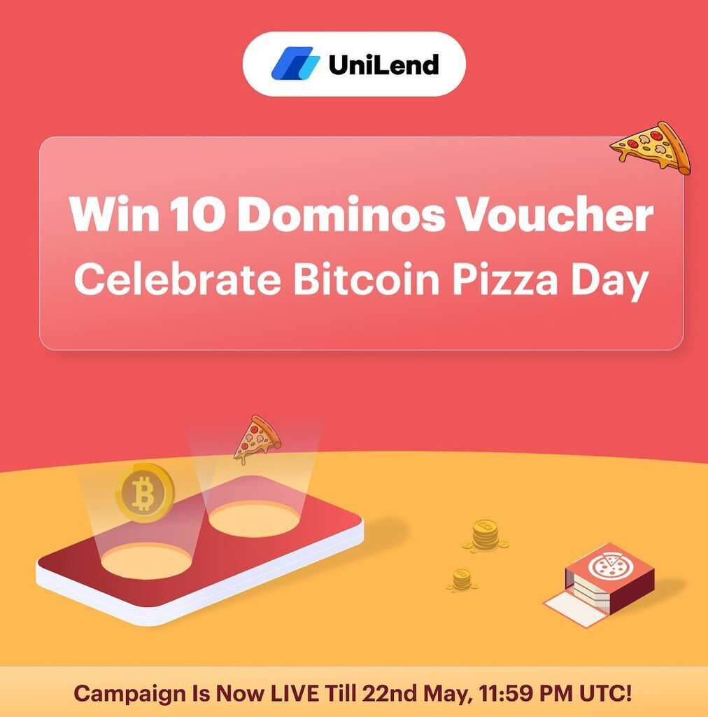 AI caption: win 10 dominos voucher celebrate bitcoin pizza day, banner