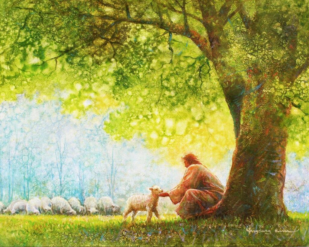 AI caption: painting - jesus feeding sheep by john mcdonald, oil painting