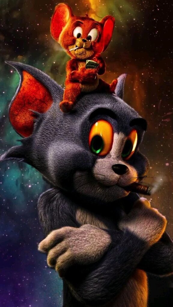 AI caption: a cartoon cat and a mouse with a space background, cartoon