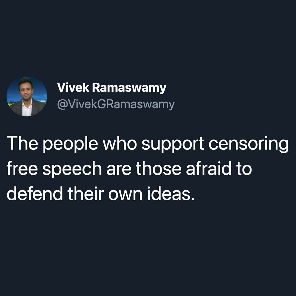 AI caption: a tweet that says, vik ramsawy support censoring free speech those afraid to defend their own ideas, text