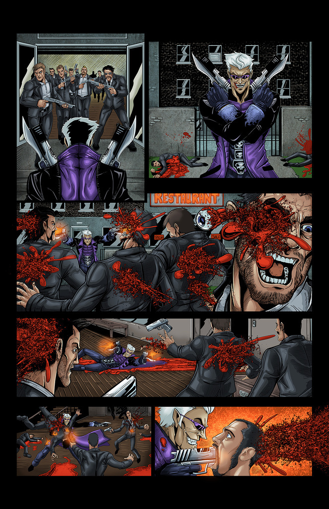 AI caption: a comic page with a purple man in a purple coat, comic book a comic strip with a man in purple and a woman in purple, the image shows a man in a purple suit, comic book a comic page showing a man with a knife and a woman with a knife, the image shows a woman being stabbed