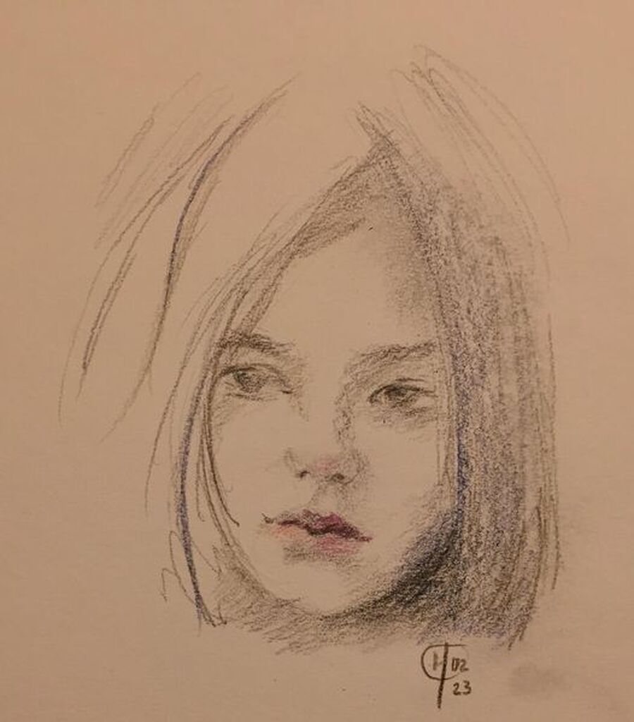 AI caption: a drawing of a girl with long hair, charcoal pencil