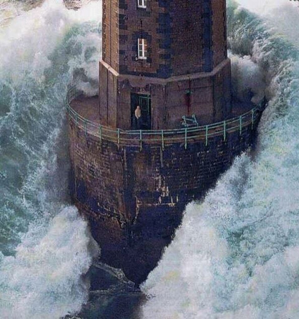 AI caption: a lighthouse in the ocean with waves crashing over it, adobe