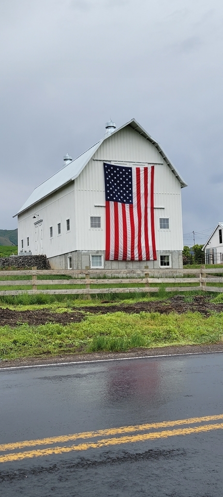 AI caption: a white barn with an american flag on it, rustic