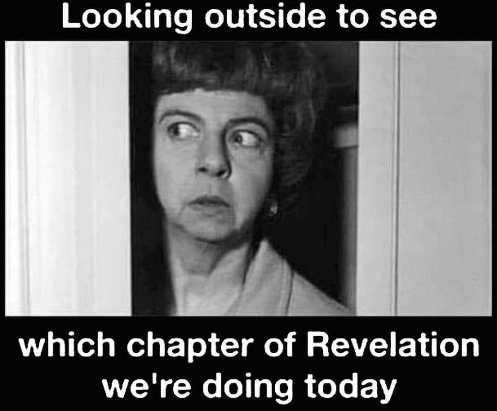 AI caption: looking outside to see which chapter of revelation we're doing today, portrait