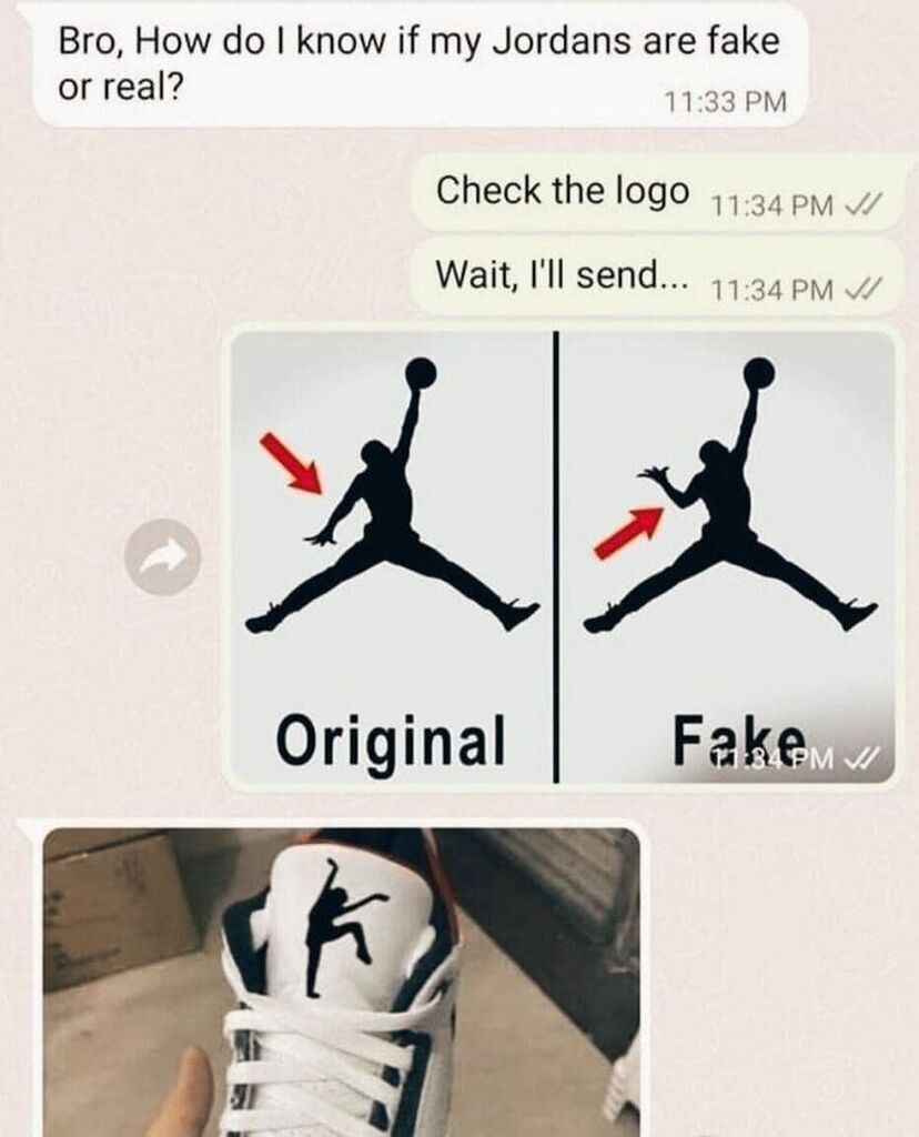AI caption: a text message with a fake jordan sneaker, a text message