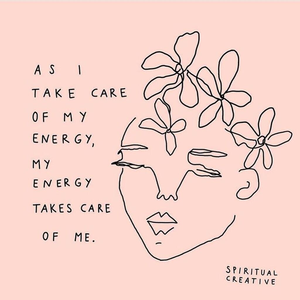 AI caption: a woman with flowers on her head and the words as i take care of my energy my energy takes care of me, it is a portrait of a woman with flowers