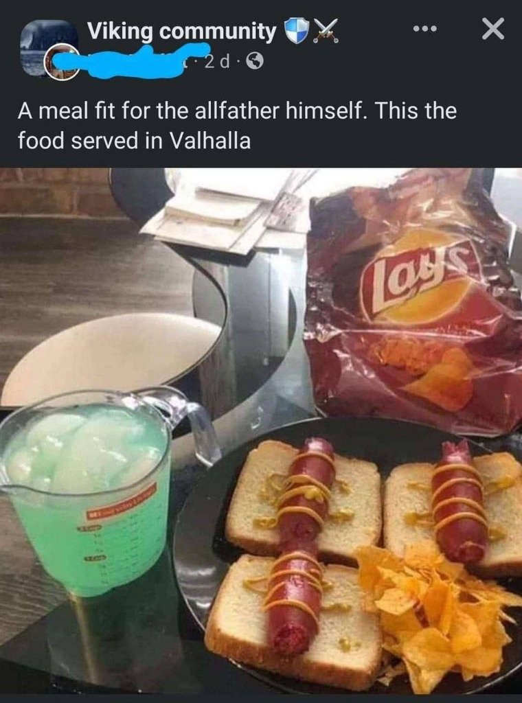 AI caption: a plate of hot dogs, chips and a drink, meme