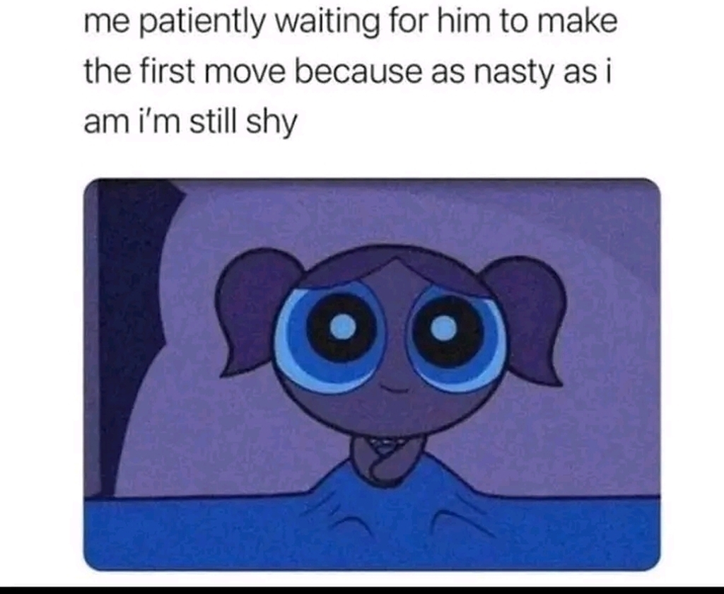 AI caption: a cartoon girl in a bed with the text me patiently waiting for him to make the first move because as nasty i am still shy, cartoon