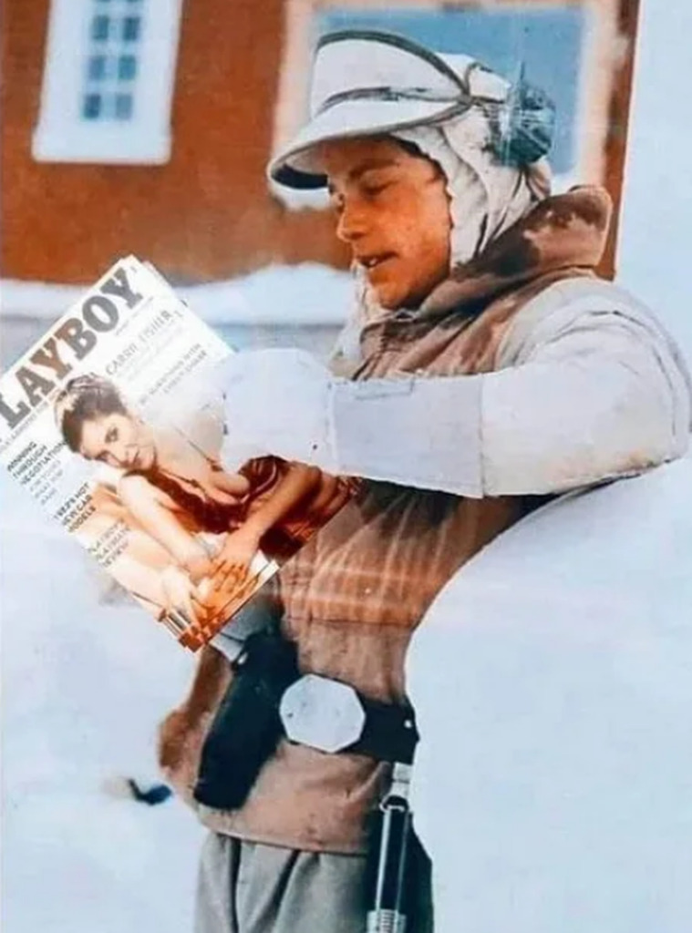 AI caption: a man is holding a magazine in the snow, comic book