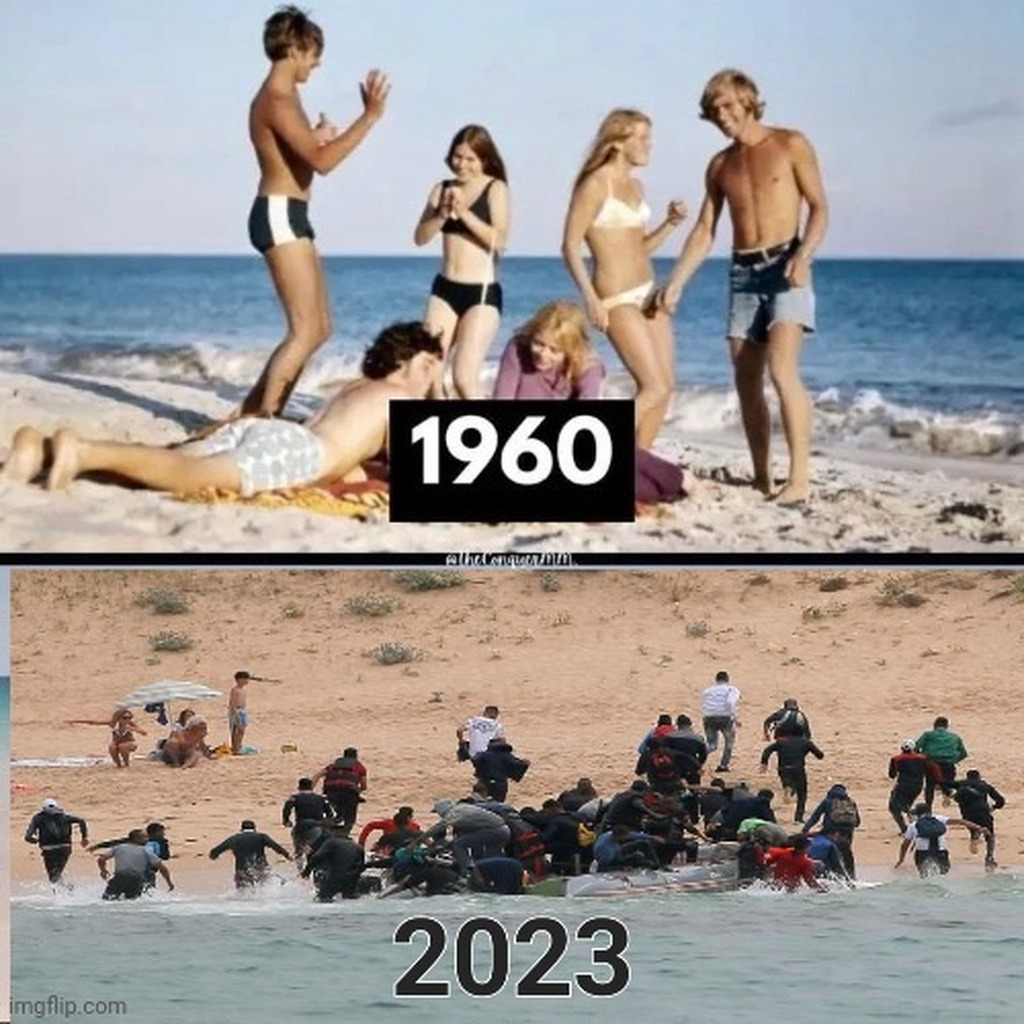 AI caption: a picture of people on the beach in the 1960s and 2021, a timeline