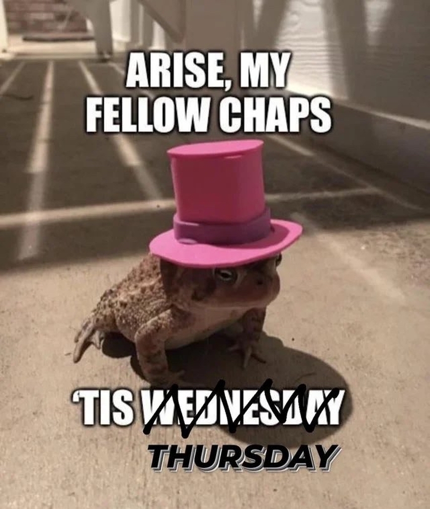 AI caption: a toad in a pink hat with the caption arise my fellow chaps it's wednesday thursday, cartoon