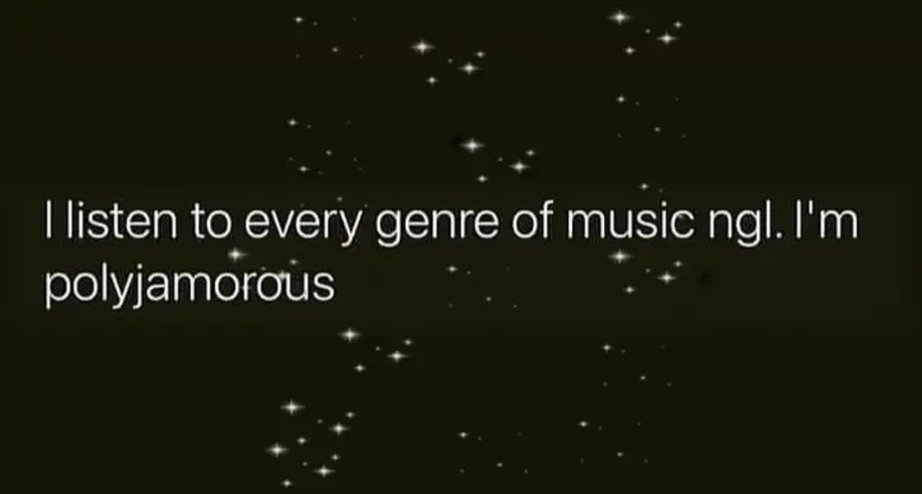 AI caption: a black background with the words i listen to every genre of music i'm a polyamourous, black and white