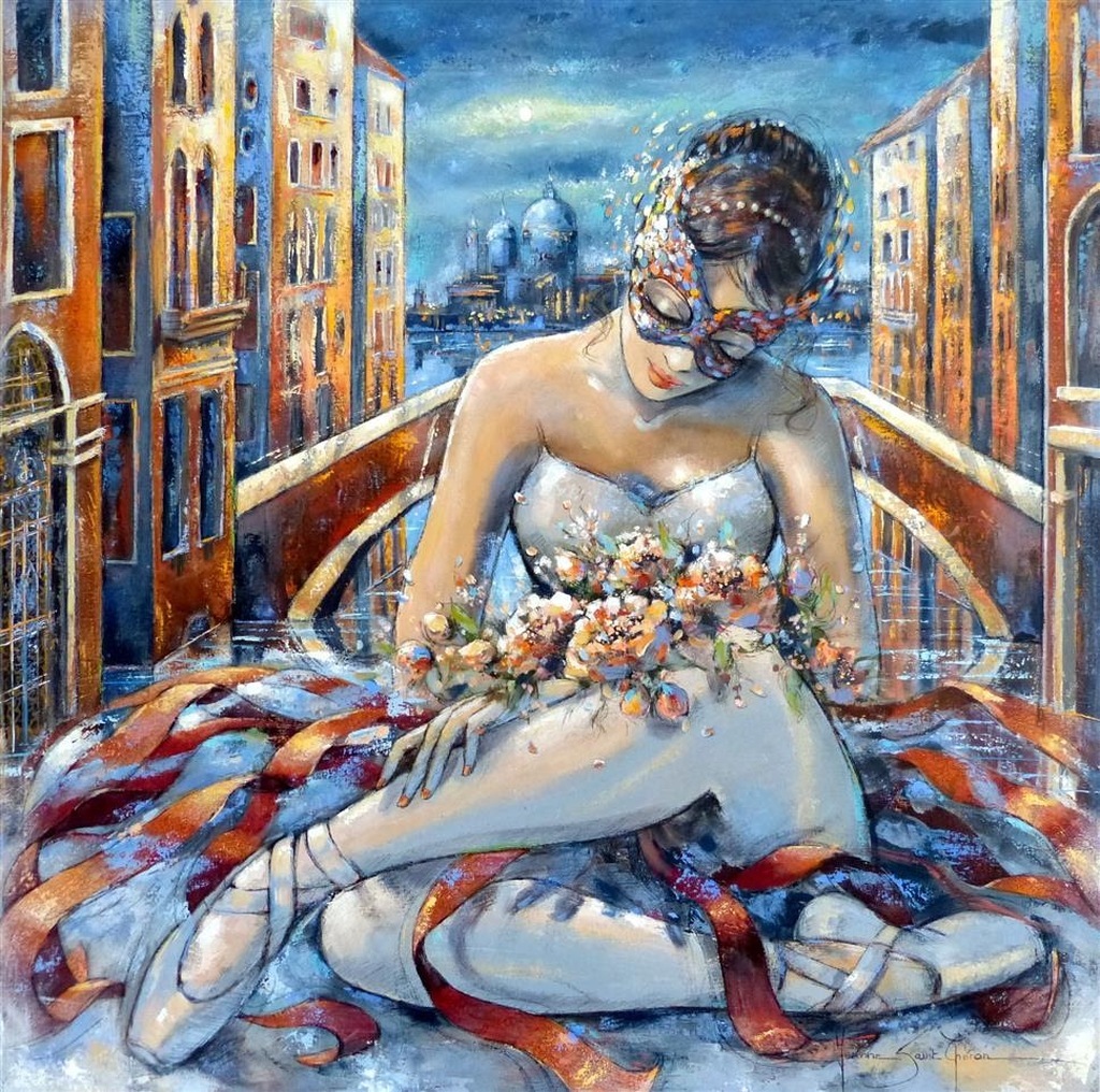 AI caption: a painting of a woman in a mask sitting on a balcony, oil painting