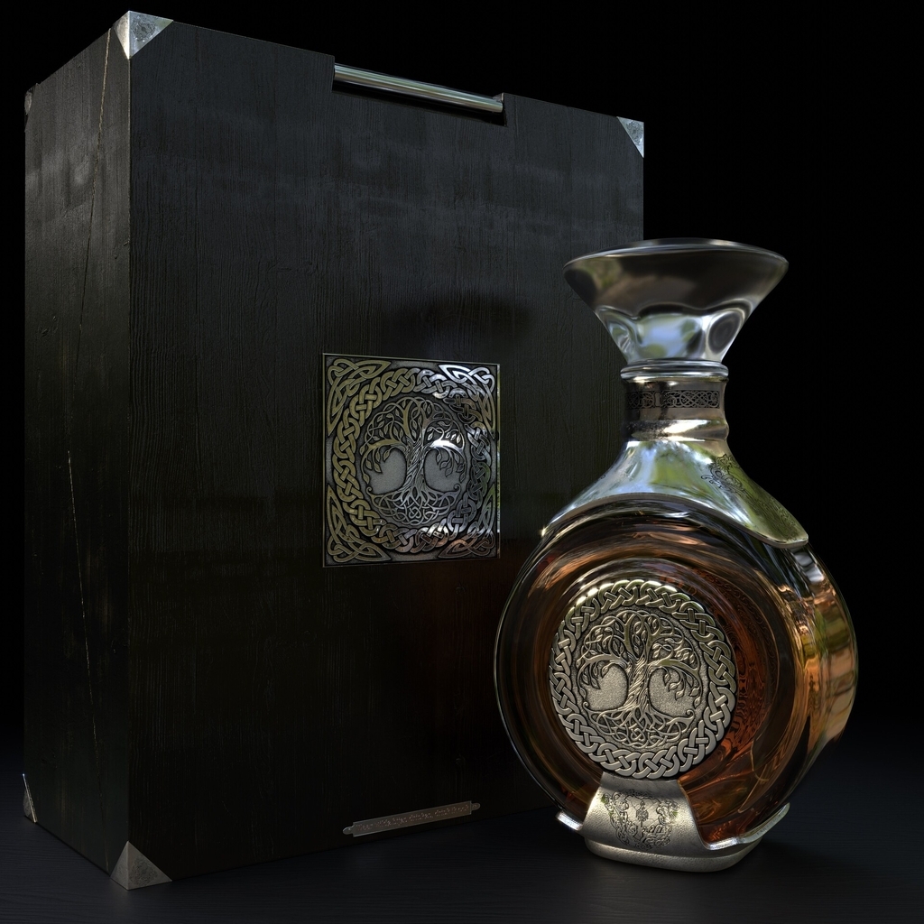 AI caption: a bottle of whiskey with a box on it, 3d
