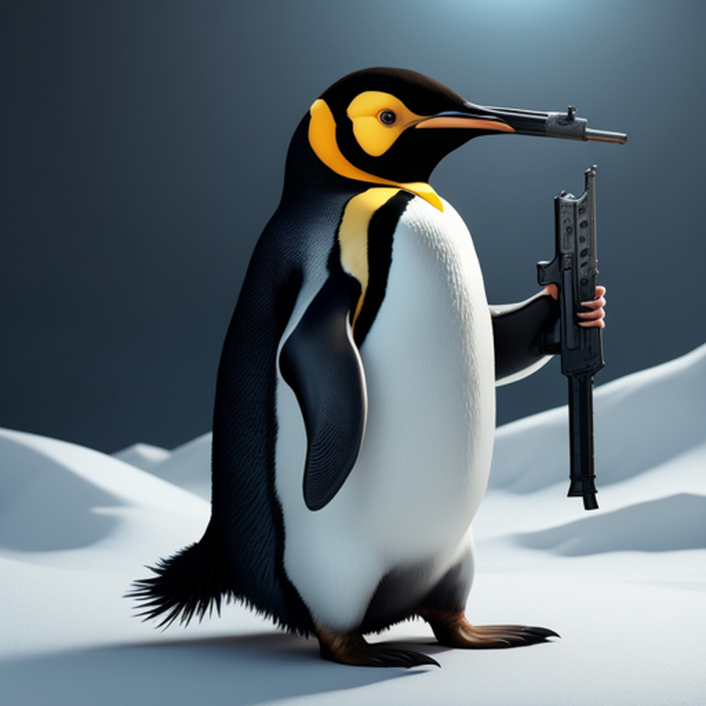 AI caption: the penguin is holding a gun