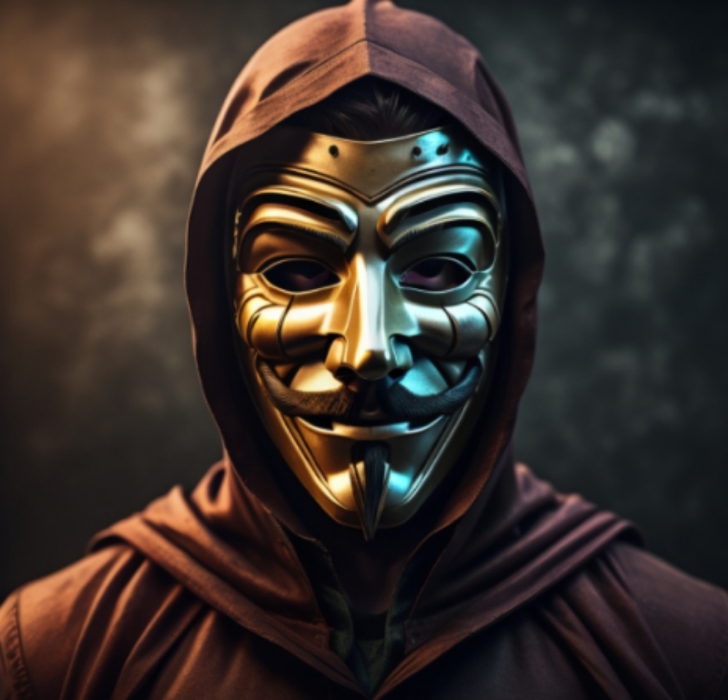 AI caption: a man in a gold v for vendetta mask, black and white