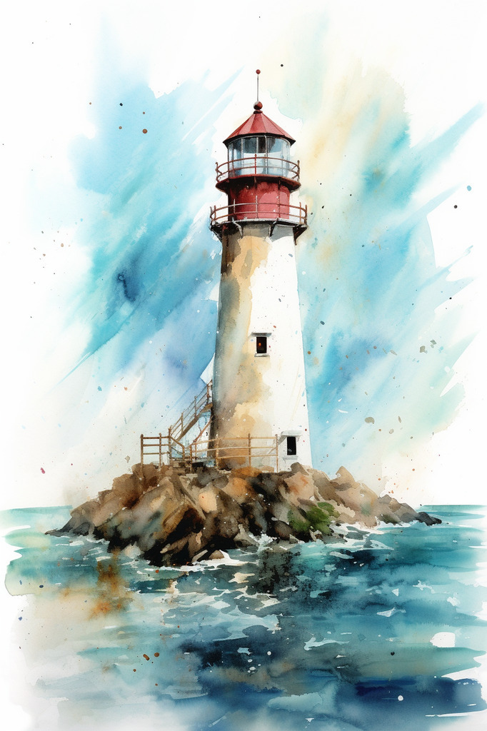 AI caption: watercolor lighthouse illustration on the ocean, watercolor