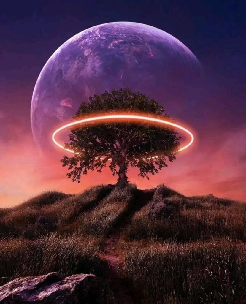 AI caption: a tree with a ring around it in the middle of a field, abstract