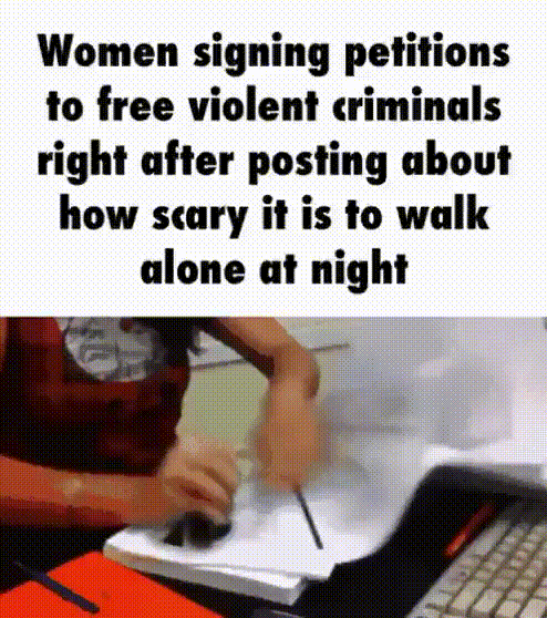 AI caption: women signing petitions to free violent criminals right posting scary it is to walk alone at night, graphic