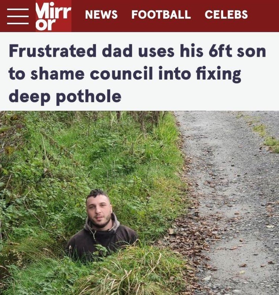 AI caption: a man is standing in the grass with the text trusts dad uses 5 % to shame council into fixing deep pothole, newspaper