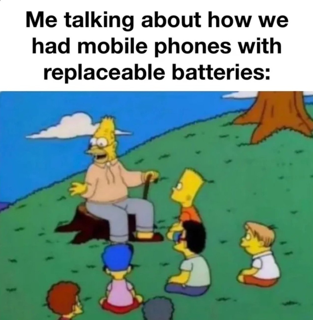 AI caption: me talking about how we had mobile phones with replaceable batteries, cartoon