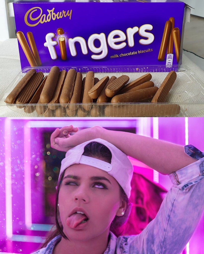 AI caption: a woman is holding a cadbury fingers and a hot dog, a collage of images