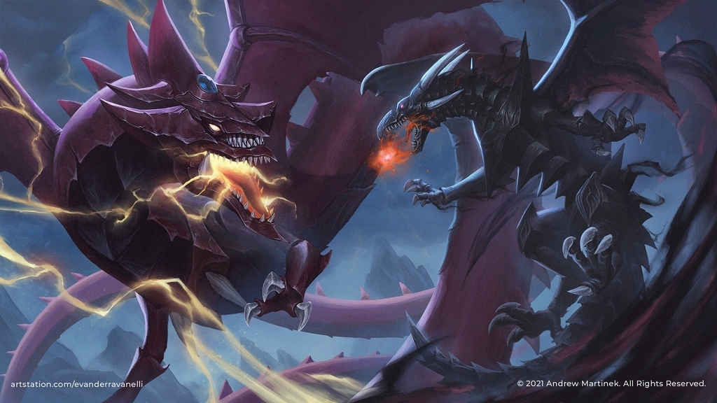 AI caption: two dragons fighting each other in the sky, fantasy