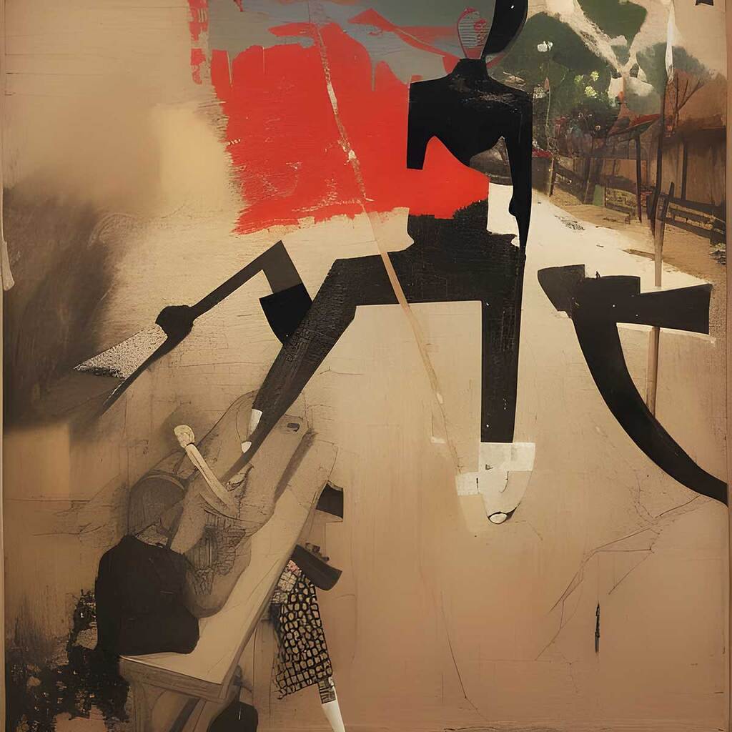 AI caption: a painting of a man with a knife and a red shirt, abstract