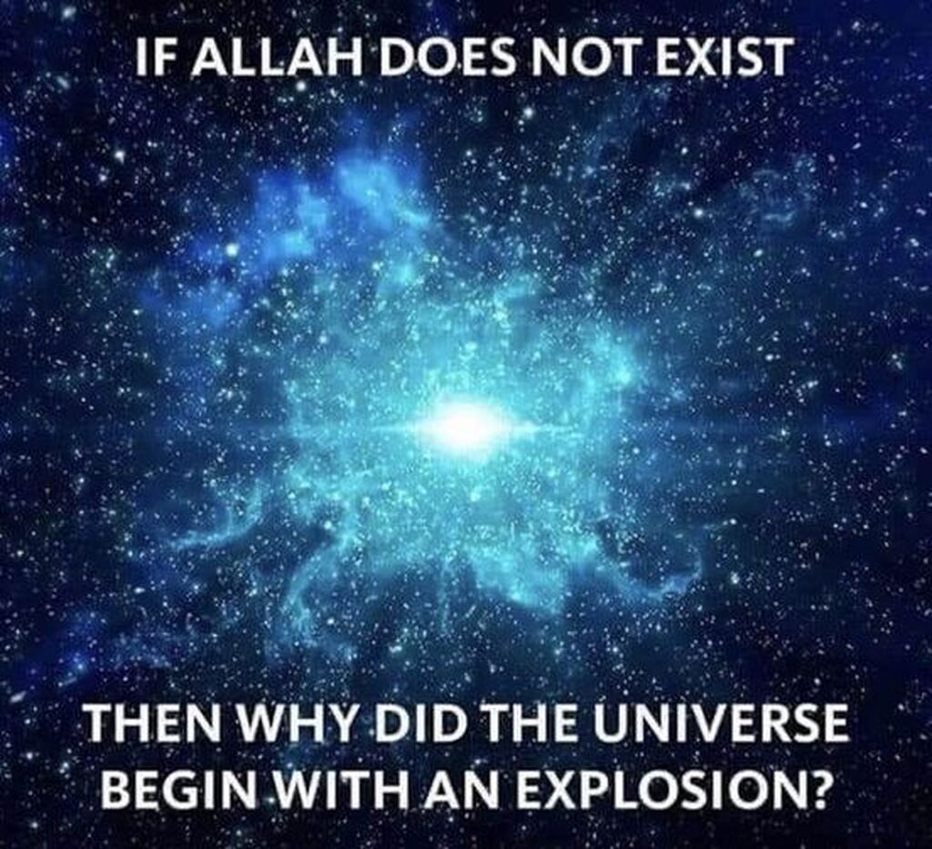 AI caption: a space with the words allah does not exist then why did the universe begin with an explosion, black and white