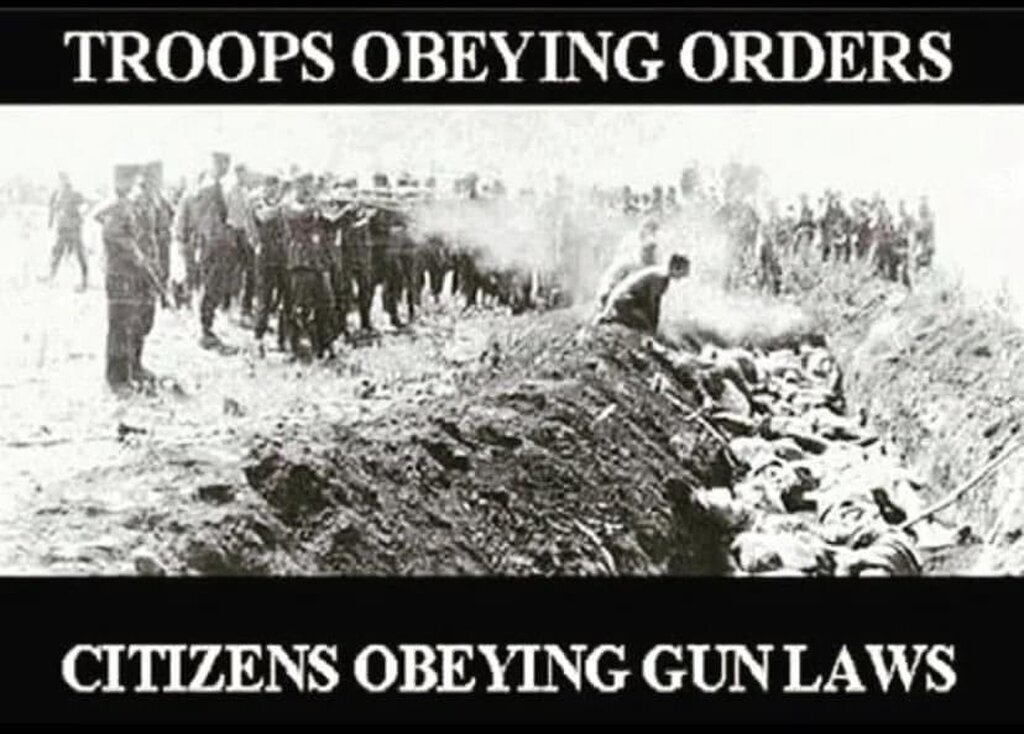 AI caption: troops obeying orders citizens obeying gun laws, a black and white image