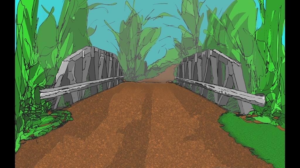 AI caption: a drawing of a bridge in the forest, cartoon