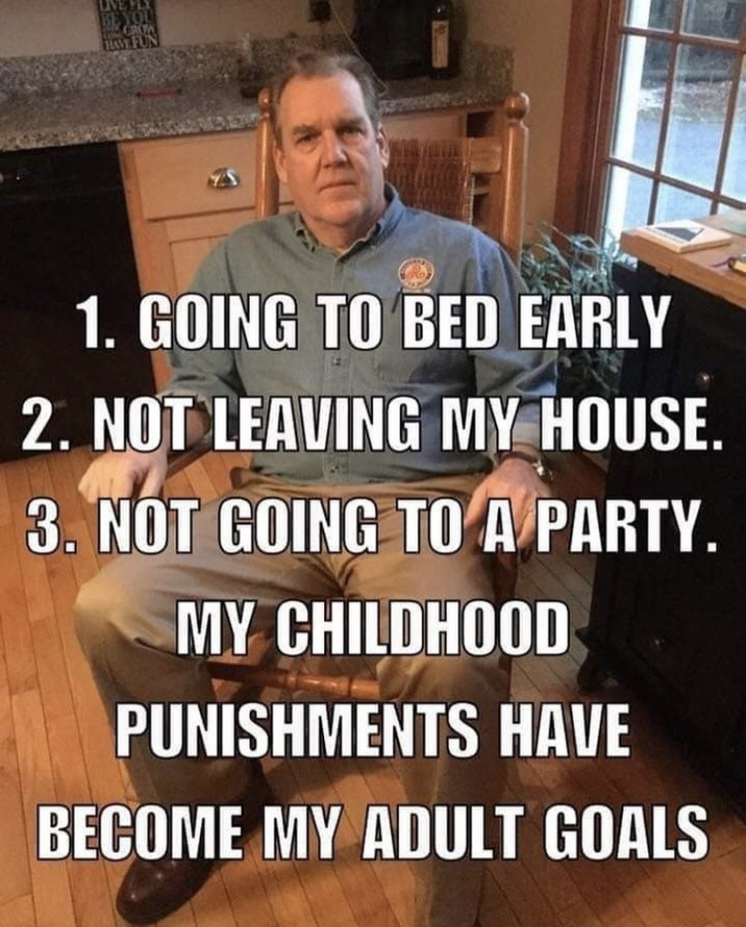 AI caption: a man sitting in a chair with a caption that says, 1 going to bed early not leaving my house not leaving my party, comic